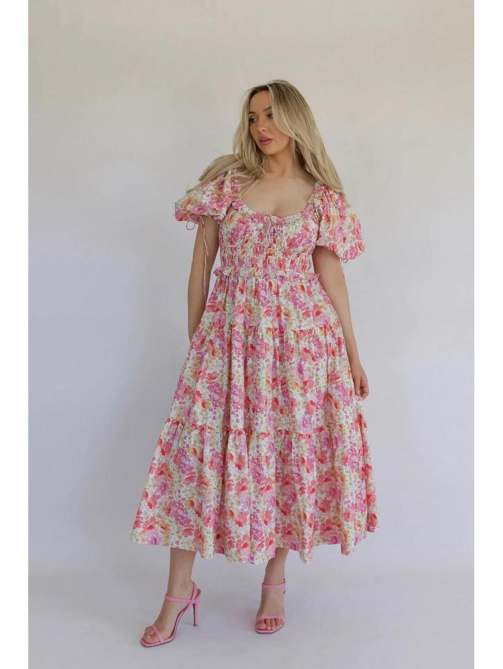 Simply Southern NWT Women’s Sz Medium Pink Tiered Midi Dress Smocked Pink Ruffle